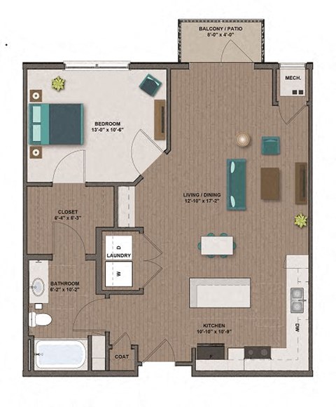 Floor plan for 1 bed, 1 bath, 778 sqft